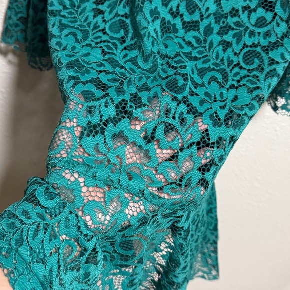Zara Woman Emerald Green Floral Lace High Neck Bell Sleeve Flounce Mini Dress S - Picture 9 of 10